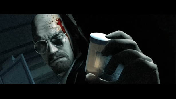 Lynch shaking a pill bottle. There's one left inside.