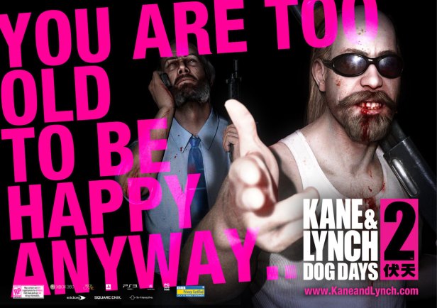 An ad for K&L2. "YOU ARE TOO OLD TO BE HAPPY ANYWAY..." is pasted in giant blocky pink text on top of the finger gun/phone call image from before.