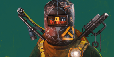 An FBC Firebreak promo piece of a man with a welding mask and Hiss visible from the reflection of the visor, but with middling scores pasted over their faces.
