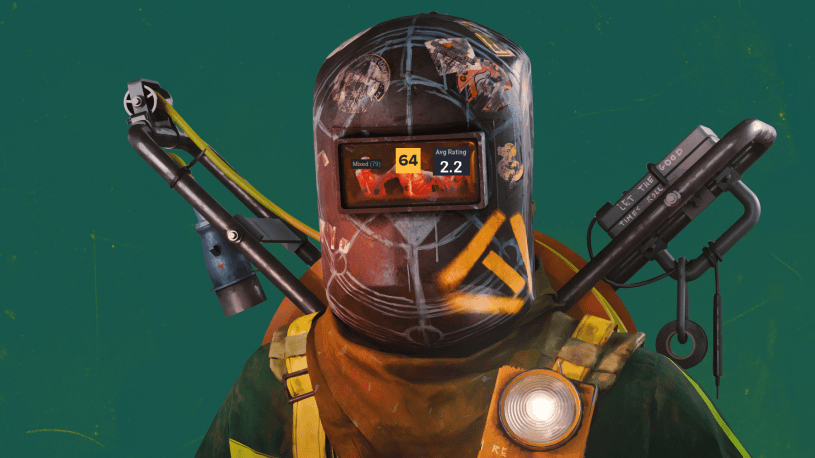An FBC Firebreak promo piece of a man with a welding mask and Hiss visible from the reflection of the visor, but with middling scores pasted over their faces.